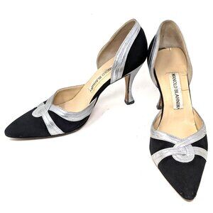 Manolo Blahnik D'Orsay Pumps Black Fabric Silver Heels VTG 80s Sz 36 Italy, 6 US